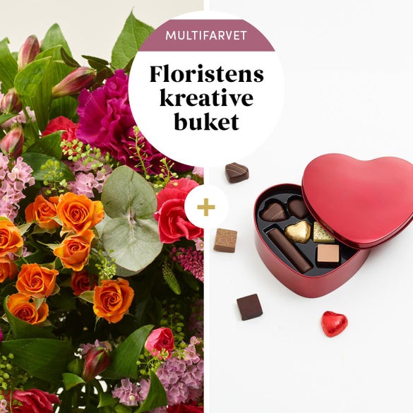 Floristens kreative buket, multifarvet med hjerte med chokolade